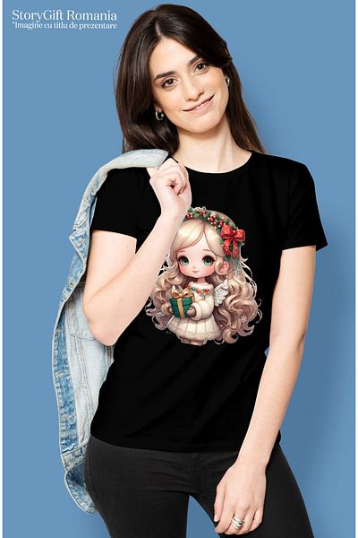 StoryGift Romania Tricou Femei Cu O Fetita Dragalasa Care Tine Un Cadou, Ilustratie, Coronita, Man Blk_m