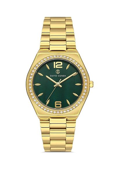 DAVID GUNER Plain Stainless Solid Steel Women's Wristwatch with Yellow Coated Green Dial - Dg-8472La-B10