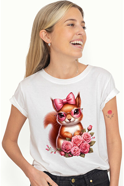StoryGift Romania Tricou Femei Cu O Veverita Vesela, Trandafiri, Roz, Ochelar...