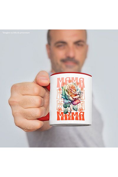 StoryGift Romania Cana Cu Trandafir Multicolor Text Mama, Femeie Flori Natura, Ceramica, 330ml, Cu, Cu Maner Rosu Stg