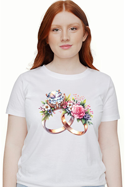 StoryGift Romania Tricou Femei Cu 2 Inele De Logodna, Ilustratie, Relatie, Iu...