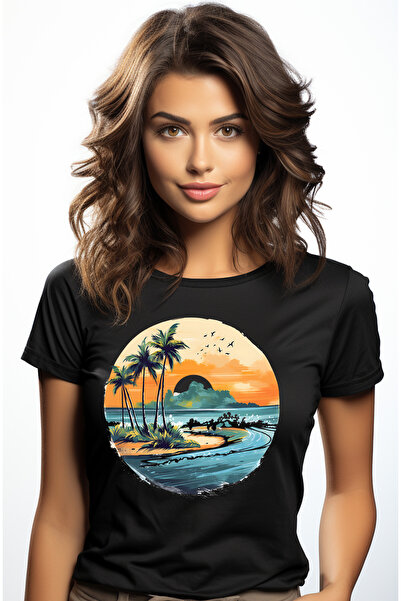 StoryGift Romania Tricou Femei Cu O Insula, Ilustratie, Plaja, Vegetatie, Pal...