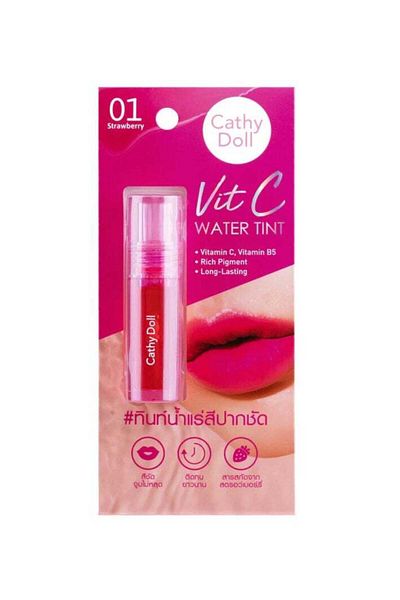 Cathy Doll Vit C Water Tint – Hydrating & Long-Lasting Lip Stain (#01 Strawberry, 3g)