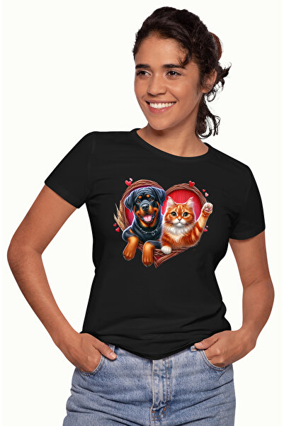 StoryGift Romania Tricou Femei Cu O Pisicuta Care Face Cu Mana Si Un Catel Ro...