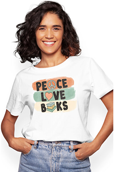 StoryGift Romania Tricou Femei Cu Mesajul "peace, Love, Books", Carte, Ilustr...