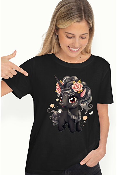 StoryGift Romania Tricou Femei Cu Un Unicorn Negru, Ilustratie, Vesel, Pete De Culoare, Flori, Fer Blk_l