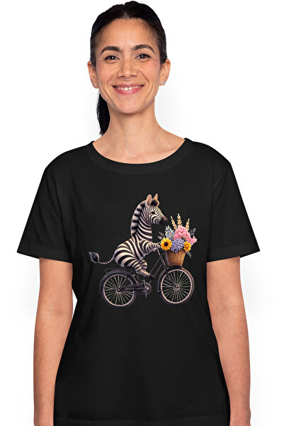 StoryGift Romania Tricou Femei Cu O Zebra Care Merge Cu Bicicleta, Ilustratie, Cosulet Cu Flori, P Blk_l