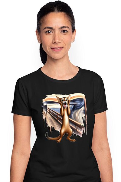 StoryGift Romania Tricou Femei Cu O Pisica Speriata, Ilustratie, Uimita, Sta In 2 Labe, Pictura Ce Blk_l