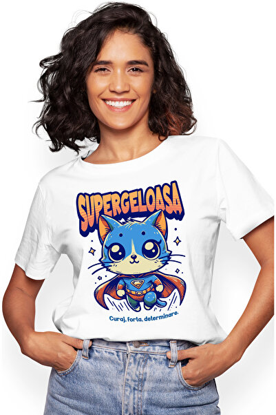 StoryGift Romania Tricou Femei Super Geloasa, Supererou, Pisica Zburand, Cu I...