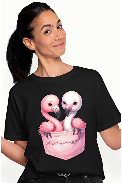 StoryGift Romania Tricou Femei Cu 2 Pasari Flamingo Care Stau Intr-un Buzunar...