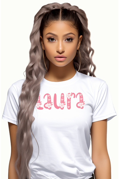 StoryGift Romania Tricou Femei Cu Numele Laura, Flori, Colorat, Roz, Dragut, Cu Imprimeu Pe Fata, Wht_m