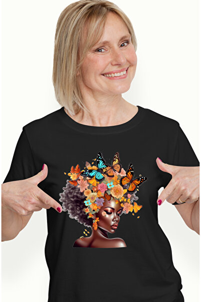 StoryGift Romania Tricou Femei Cu O Femeie De Culoare, Draguta, Ilustratie, Afro, Fluturi, Florice Blk_l