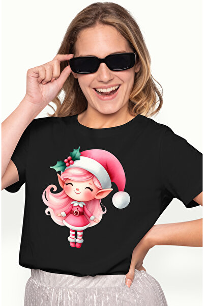 StoryGift Romania Tricou Femei Cu O Fata Micuta Elfa, Ilustratie, Spiridusa, Costum De Craciunita, Blk_l