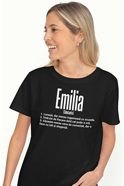 StoryGift Romania Tricou Femei Cu Numele Emilia, Si Mesaj Amuzant, Lenesa, Mereu Are De Comentat, Blk_l