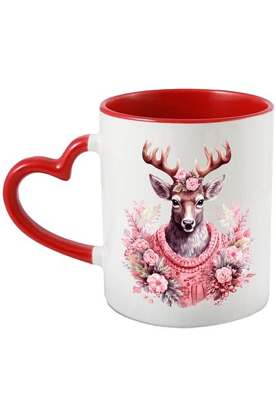 StoryGift Romania Cana Cu Un Cerb Imbracat Gros | Ilustratie | Flori | Frig | Venirea Iernii | Vre, Cu Maner Inim Stg