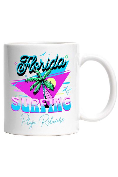 StoryGift Romania Cana Cu Pamier Cu Nuci De Cocos Si Placa De Surf Text Florida Surffing , Ceramic, Cu Maner Alb Stg