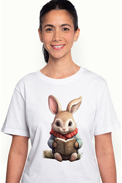 StoryGift Romania Tricou Femei Cu Un Iepuras Care Tine O Carte Deschisa, Ilustratie, Imbracat Gros Wht_l