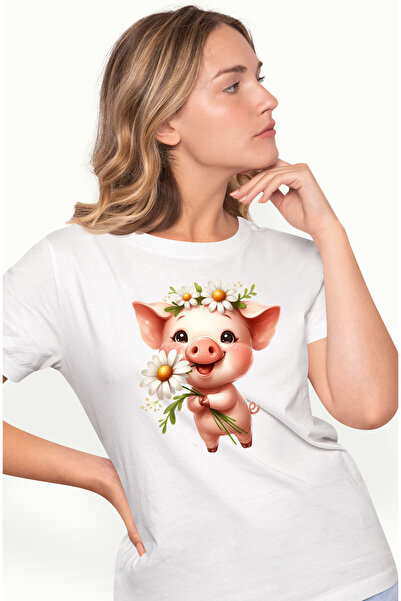 StoryGift Romania Tricou Femei Cu Un Purcelus, Floricele Albe, Vesel, Animalu...