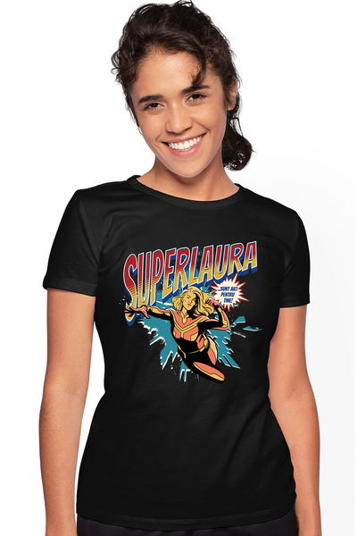 StoryGift Romania Tricou Femei Super Laura, Supererou Sunt Aici Pentru Tine, Cu Imprimeu Pe Fata, Blk_l