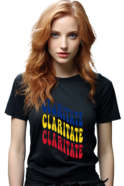 StoryGift Romania Tricou Femei Cuvantul Claritate, In Culorile Steagului Romaniei, Rosu, Galben, A Blk_l