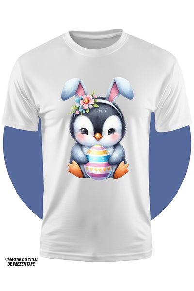 StoryGift Romania Tricou Copii Cu Un Pinguin Micut, Ilustratie, Tine Un Ou Vopsit, Sarbatori Pascale, Urechi