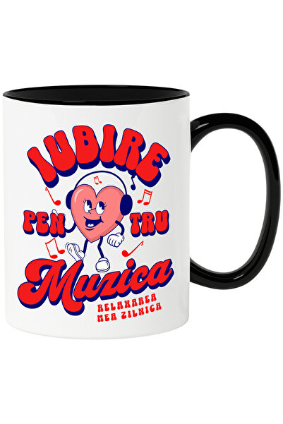 StoryGift Romania Cana Cu Inima Vesela Cu Casti Audio Dragoste Muzica Text In Limab Romana Iubire , Cu Maner Negru Stg