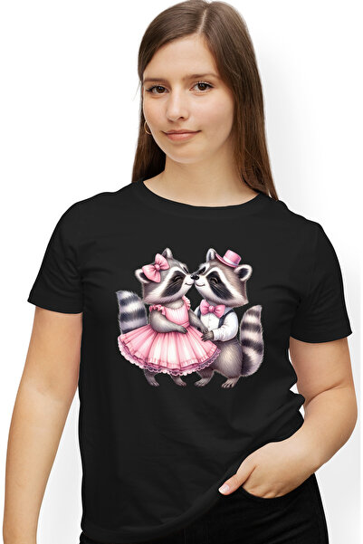 StoryGift Romania Tricou Femei cu 2 ratoni, ilustratie, rochita roz, palarie,...