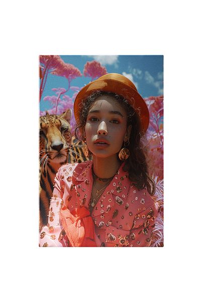 StoryGift Romania Canvas Painting Charming Girl With Orange Hat And Pink Jacket With Chains Next To A Leopard And