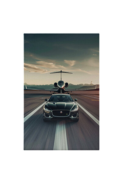 StoryGift Romania Tablou Canvas Masina Neagra Jaguar A Unui Milionar Cu Avionul Privat In Spate Pregatit De Deco