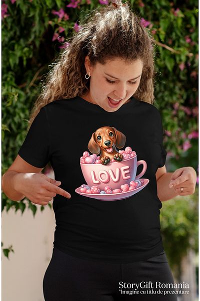 StoryGift Romania Tricou Femei cu un catelus Dachshund care sta intr-o ceasca, ilustratie, vesel, BLK_L