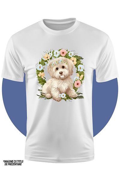 StoryGift Romania Tricou Copii Cu Un Catelus Alb Surprins, Ilustratie, Coroana Din Flori, Cuminte, Isi Ascul