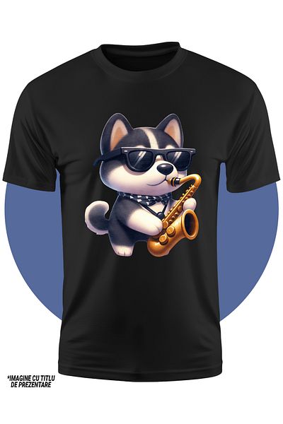 StoryGift Romania Tricou Copii Cu Un Catel Husky Care Canta La Saxofon, Ilustratie, Ochelari, Instrument Muz