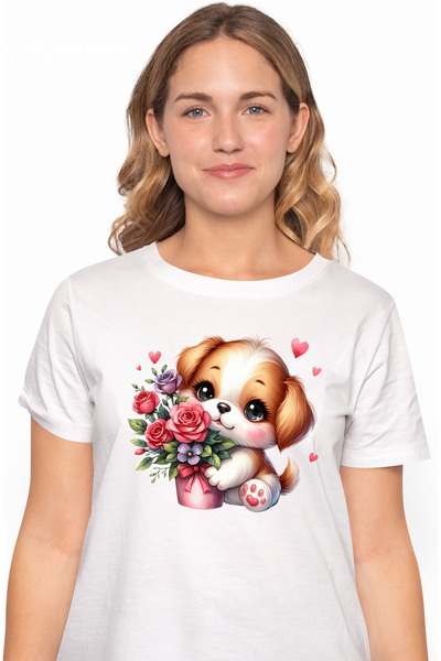 StoryGift Romania Tricou Femei Cu Un Catelus Vesel Si Imbujorat Care Are Un Ghiveci Cu Trandafiri, Wht_m