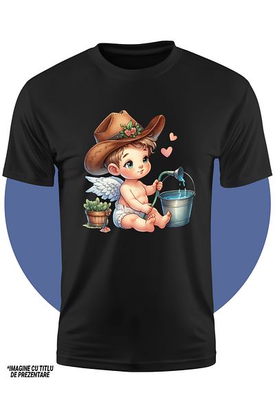 StoryGift Romania Children's T-shirt with a baby filling a bucket with a hose, illustration, plants, hat, STG4