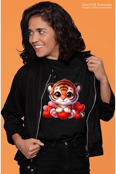 StoryGift Romania Women's T-shirt with a tiger cub holding a heart, illustration, Valentine's Day, BLK_M