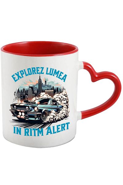 StoryGift Romania Cana Cu Masina Viteza Tunata Vintige Albastra Oras Cu Cladiri Inalte Text Explor, Cu Maner Inim Stg