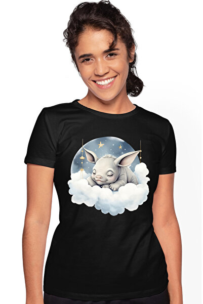 StoryGift Romania Tricou Femei cu un hipopotam micut care doarme, ilustratie, stelute, norisori, l BLK_L