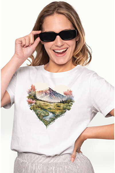 StoryGift Romania Tricou Femei Cu Un Peisaj In Forma De Inima, Munti, Rau, Ve...