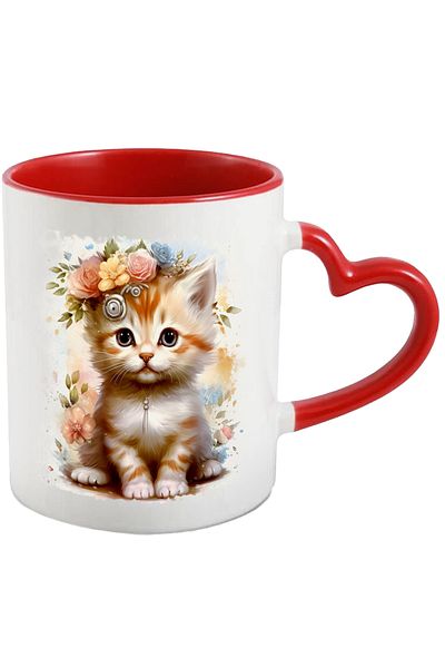 StoryGift Romania Cana Cu Pui De Pisica, Flori, Frunze, Lantisor, Bijuterii, Multicolor 330 Ml, Ce, Cu Maner Inim Stg