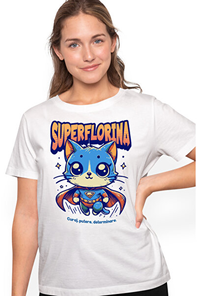 StoryGift Romania Tricou Femei Super Florina, Supererou, Pisica Zburand, Cu I...