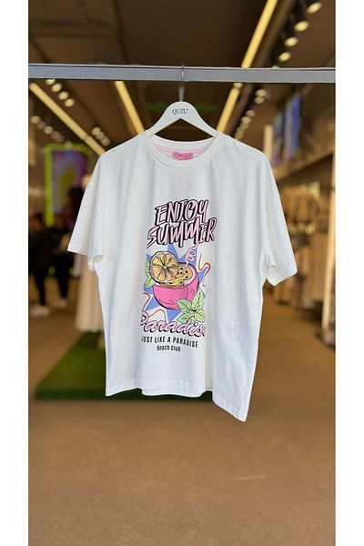 Quzu Colorful Cocktail Printed Short Sleeve T-Shirt Ecru