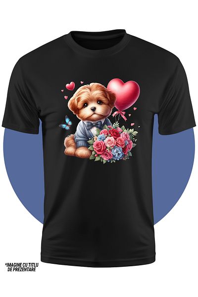 StoryGift Romania Tricou Copii Cu Un Catelus De Talie Mica, Blanos, Ilustratie, Buchet Cu Trandafiri, Flutur