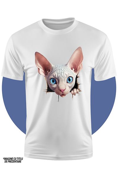 StoryGift Romania Tricou Copii Cu O Pisica Sfinx Care Scoate Capul Printr-o Gaura In Perete, Ilustratie, Put