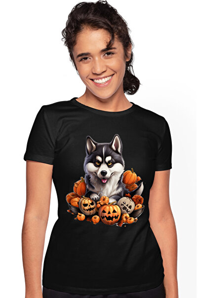 StoryGift Romania Tricou Femei Cu Un Catel Malamut De Alaska, Ilustratie, Dovleci Decorati, Hallow Blk_l