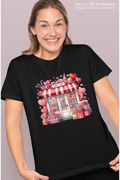 StoryGift Romania Women's T-shirt with a candy store, illustration, ri, goodies, hearts, Val BLK_L