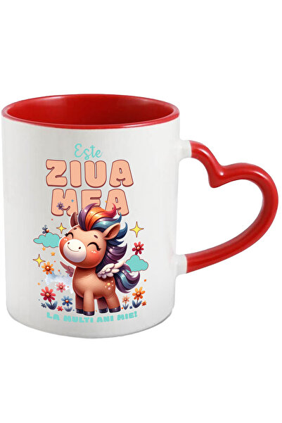 StoryGift Romania Cana Cu Unicorn Vesel Mandru Cu Flori Text Este Ziua Mea La Multi Ani Mie, Ceram, Cu Maner Inim Stg