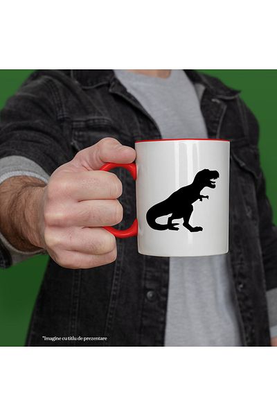 StoryGift Romania Mug with a T-Rex dinosaur - fear of other dinosaurs with Red Handle, With Red Handle STG,