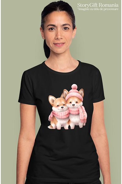 StoryGift Romania Tricou Femei Cu 2 Catei Akita Inu, Ilustratie, Fulare, Caciula, Frig, Iarna, Val Blk_l