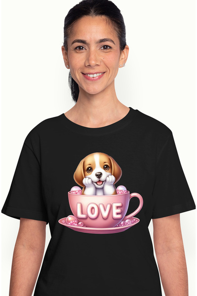 StoryGift Romania Tricou Femei Cu Un Catelus Vesel Care Sta Intr-o Ceasca, Ilustratie, Cafea, Mesa Blk_m