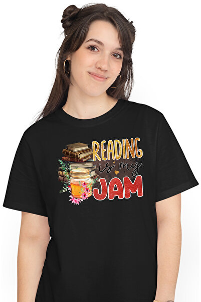StoryGift Romania Tricou Femei Cu Mesajul "reading Is My Jam", Dulceata, Carte, Ilustratie, Litera Blk_l